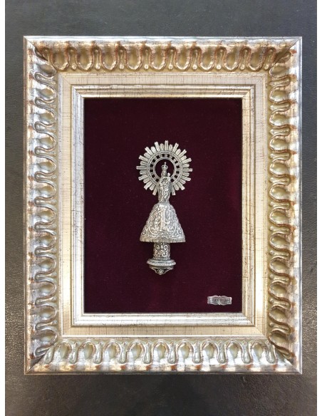 Cuadro Virgen del Pilar con manto  en plata de ley sobre terciopelo granate y marco de madera plateada